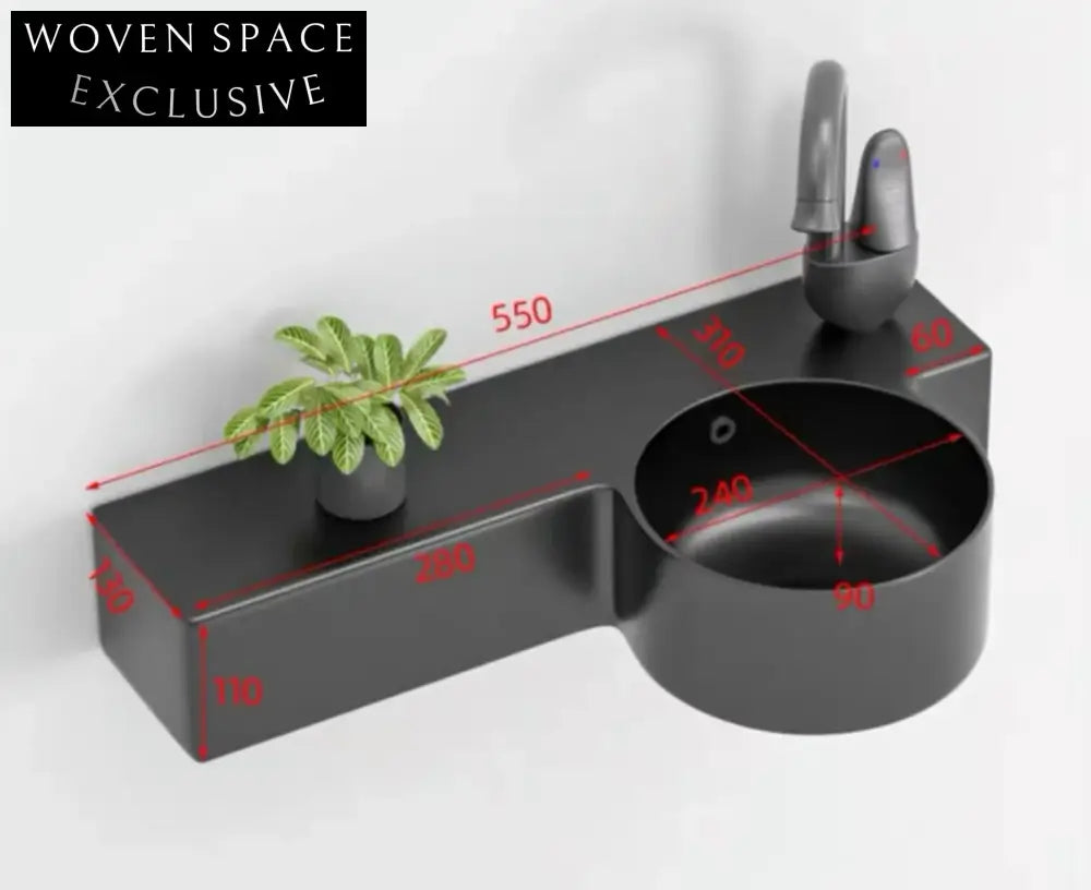 Elegant Matte Black Wall-Hung Ceramic Wash Basin with Integrated Shelf