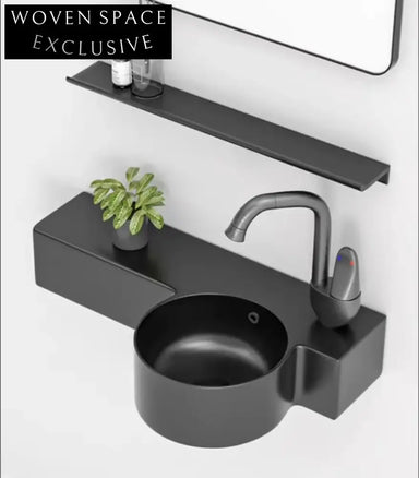 Elegant Matte Black Wall-Hung Ceramic Wash Basin with Integrated Shelf