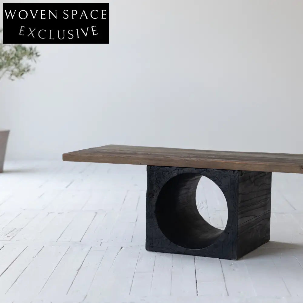 Elegant Mid-Century Arc Deco Recycled Elm Wood Coffee Table, Natural Top