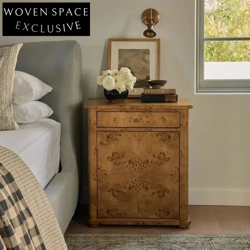 Elegant Minimalist Burl Veneer Solid Wood 2-Drawer Bedside Nightstand Table