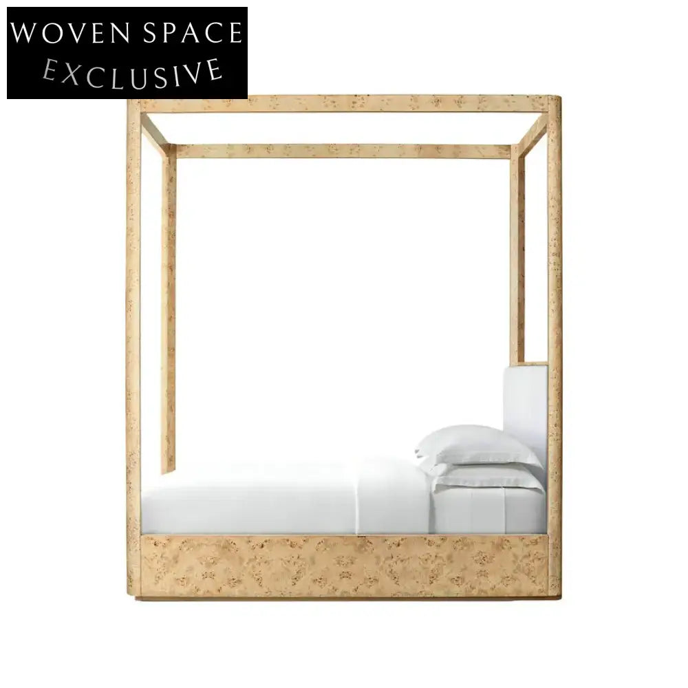 Elegant Minimalist Fabric Upholstered Burl Wood Canopy Bed Frame