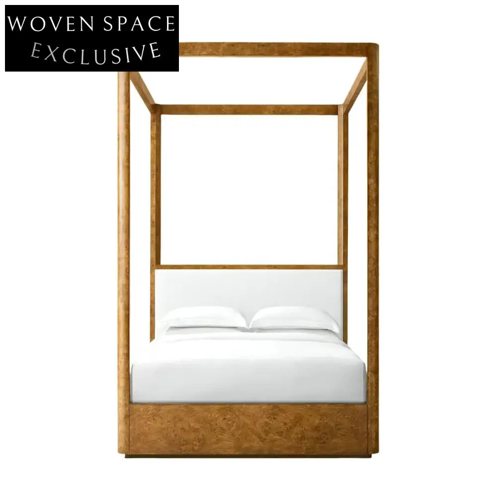 Elegant Minimalist Fabric Upholstered Burl Wood Canopy Bed Frame