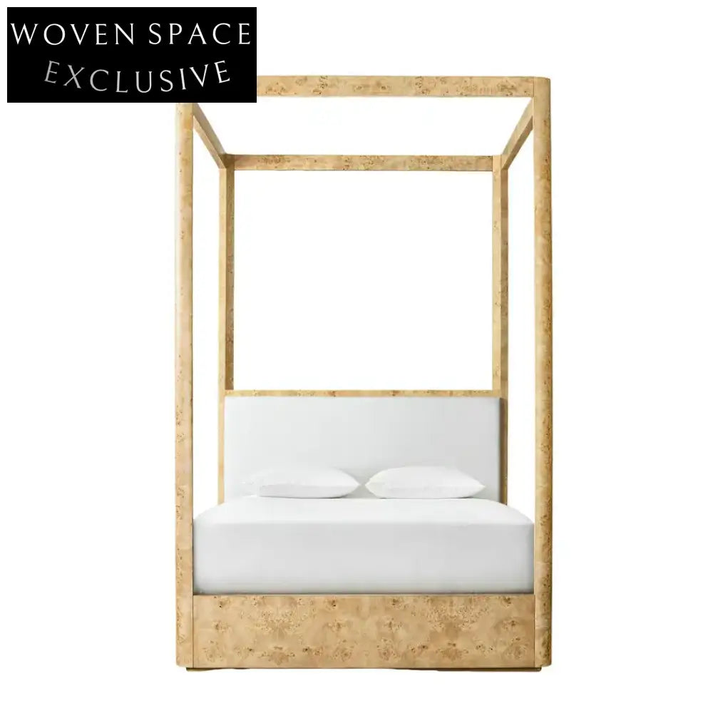 Elegant Minimalist Fabric Upholstered Burl Wood Canopy Bed Frame