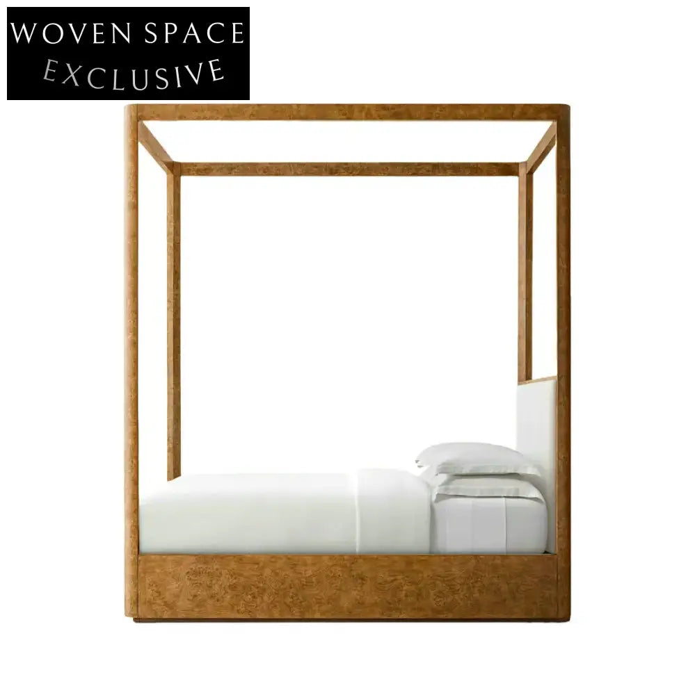Elegant Minimalist Fabric Upholstered Burl Wood Canopy Bed Frame