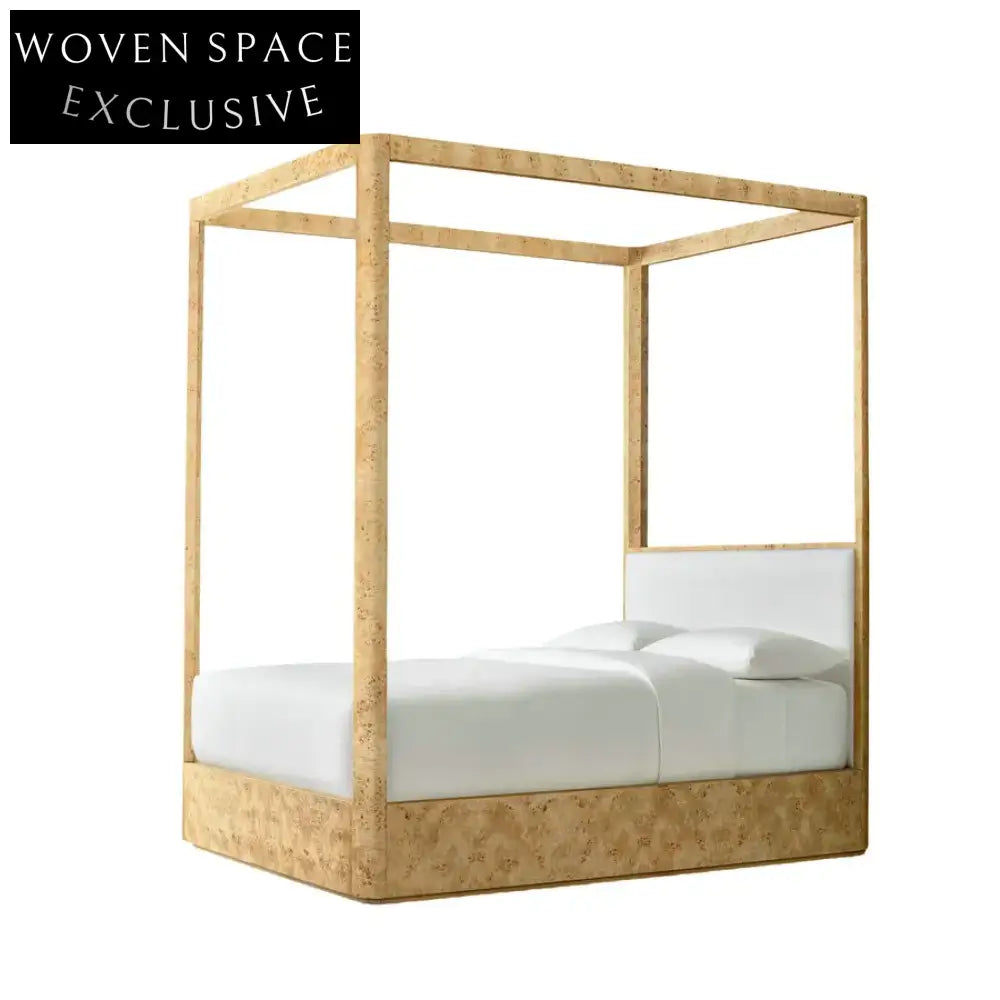 Elegant Minimalist Fabric Upholstered Burl Wood Canopy Bed Frame