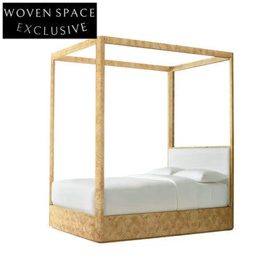 Elegant Minimalist Fabric Upholstered Burl Wood Canopy Bed Frame
