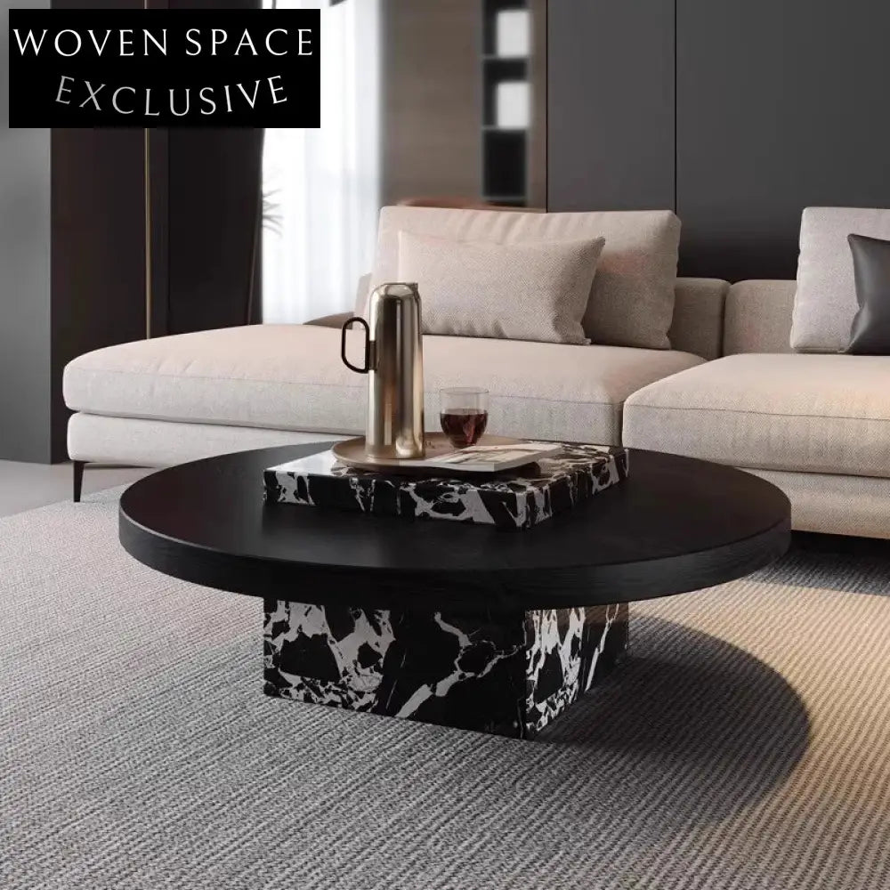 Elegant Modern Black Marble Solid Wood Round Minimalist Living Room Coffee Table