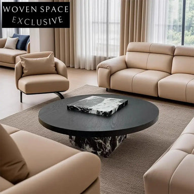 Elegant Modern Black Marble Solid Wood Round Minimalist Living Room Coffee Table