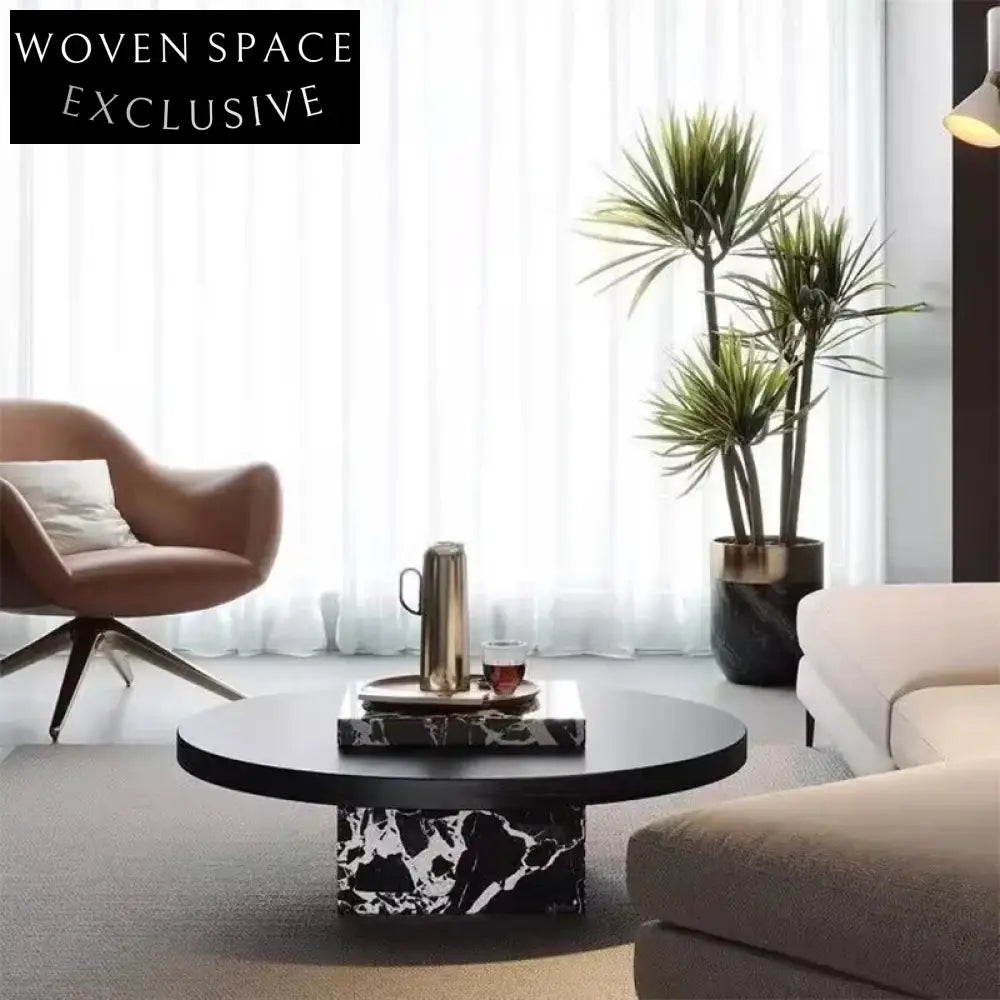 Elegant Modern Black Marble Solid Wood Round Minimalist Living Room Coffee Table