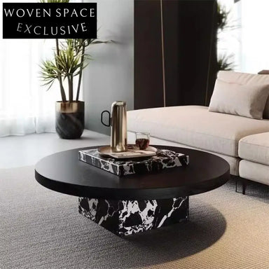 Elegant Modern Black Marble Solid Wood Round Minimalist Living Room Coffee Table