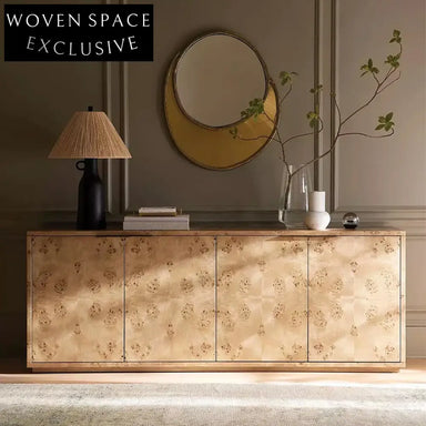 Elegant Modern Burl Veneer Solid Wood 4-Door Sideboard Storage Cabinet