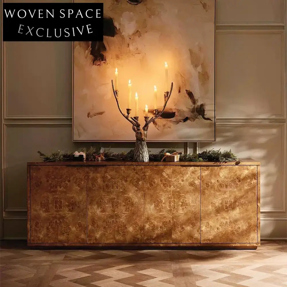 Elegant Modern Burl Veneer Solid Wood 4-Door Sideboard Storage Cabinet