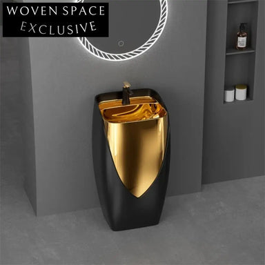 Elegant Modern Ceramic Pedestal Sink, Black Rose Gold Bathroom Wash Basin Fixture