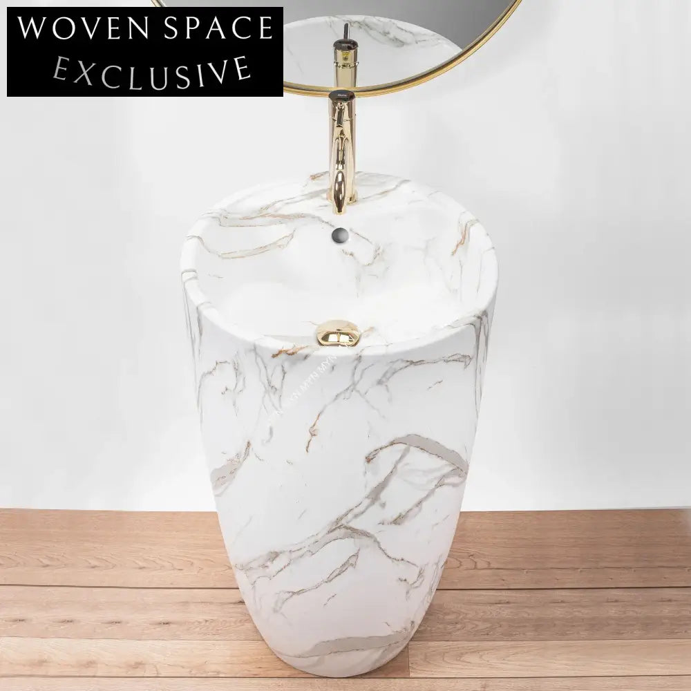 Elegant Modern Ceramic Pedestal Sink Marble Pattern Freestanding Bathroom Lavabo Basin