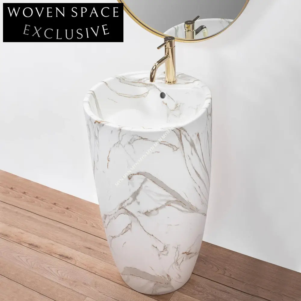 Elegant Modern Ceramic Pedestal Sink Marble Pattern Freestanding Bathroom Lavabo Basin