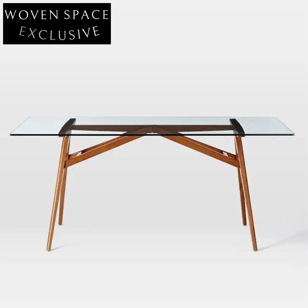 Elegant Modern Clear Tempered Glass Top Dining Table with Sturdy Wooden Legs