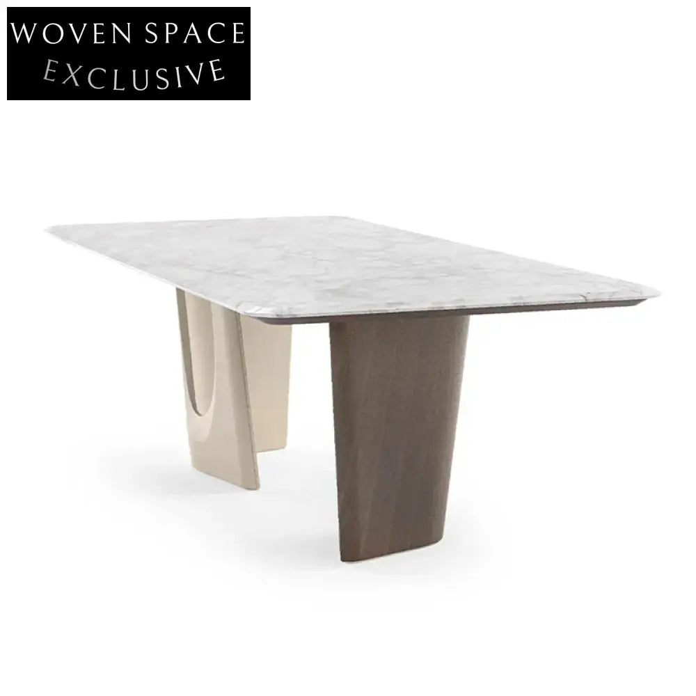 Elegant Modern Cream Style Genuine Marble Top Solid Wood Legs Dining Table