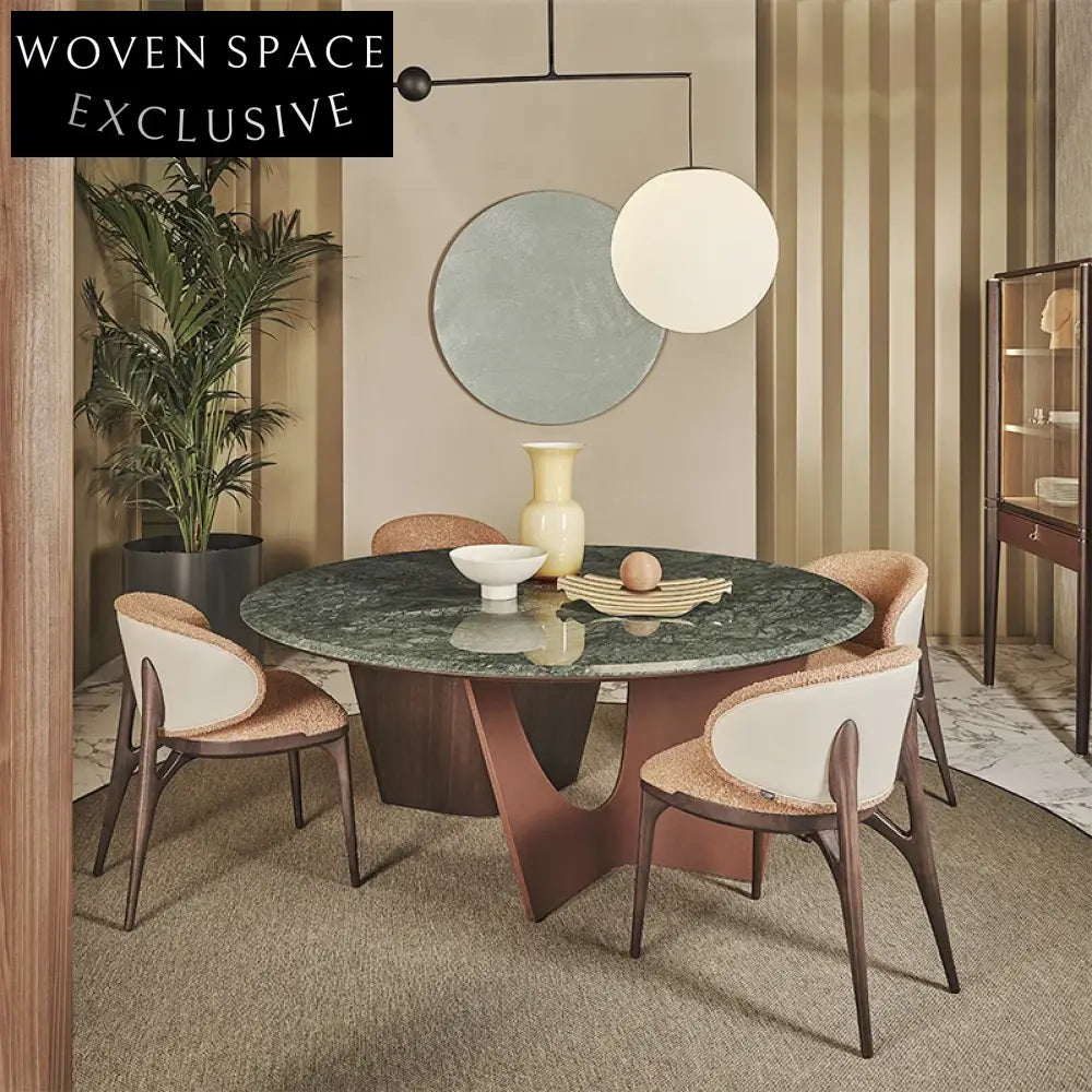 Elegant Modern Cream Style Genuine Marble Top Solid Wood Legs Dining Table