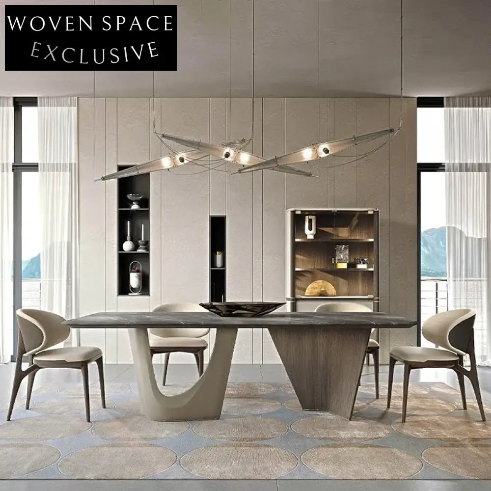 Elegant Modern Cream Style Genuine Marble Top Solid Wood Legs Dining Table