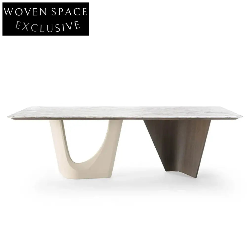 Elegant Modern Cream Style Genuine Marble Top Solid Wood Legs Dining Table