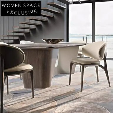 Elegant Modern Cream Style Genuine Marble Top Solid Wood Legs Dining Table