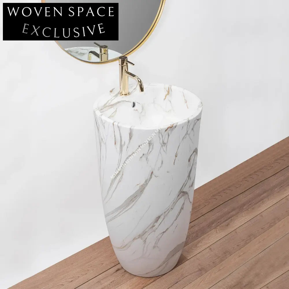 Elegant Modern Freestanding Pedestal Bathroom Sink with Marble Design Ceramic