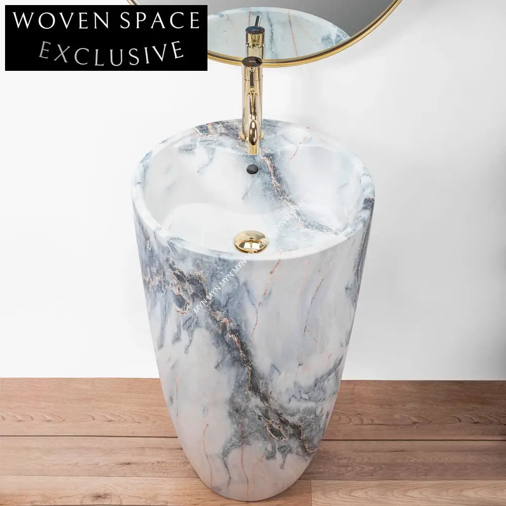 Elegant Modern Freestanding Pedestal Bathroom Sink with Marble Design Ceramic