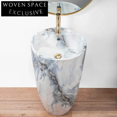 Elegant Modern Freestanding Pedestal Bathroom Sink with Marble Design Ceramic