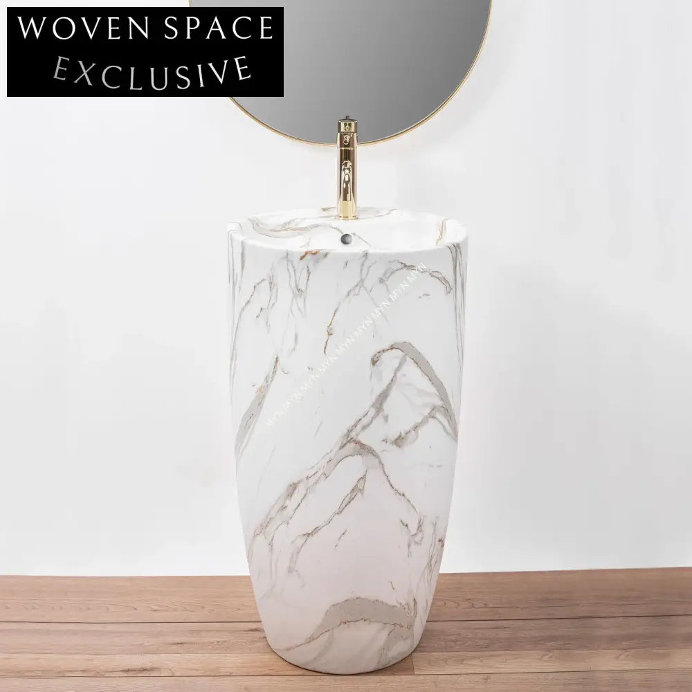 Elegant Modern Freestanding Pedestal Bathroom Sink with Marble Design Ceramic