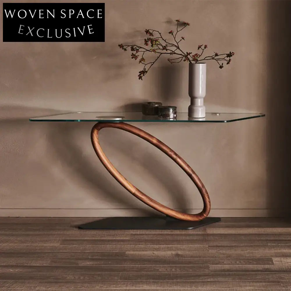 Elegant Modern Glass Top Console, Walnut Wood & Metal Hallway Table