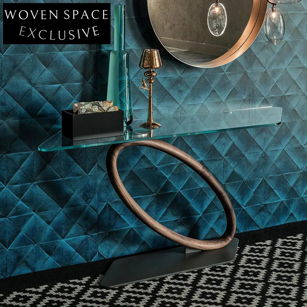 Elegant Modern Glass Top Console, Walnut Wood & Metal Hallway Table