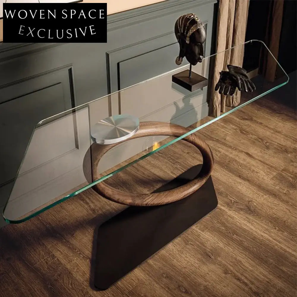 Elegant Modern Glass Top Console, Walnut Wood & Metal Hallway Table