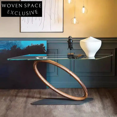 Elegant Modern Glass Top Console, Walnut Wood & Metal Hallway Table