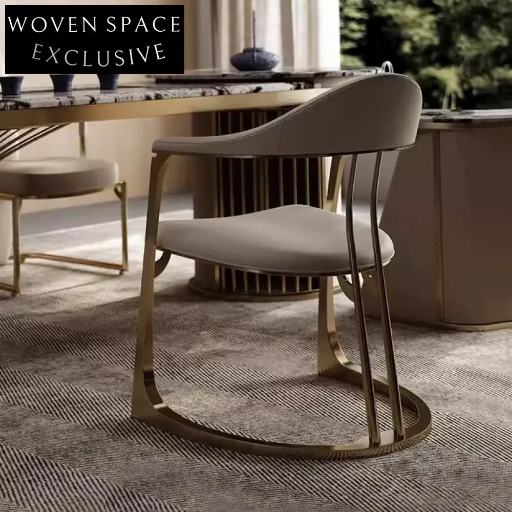 Elegant Modern Gold Stainless Steel White Faux Leather Armrest Dining Chair