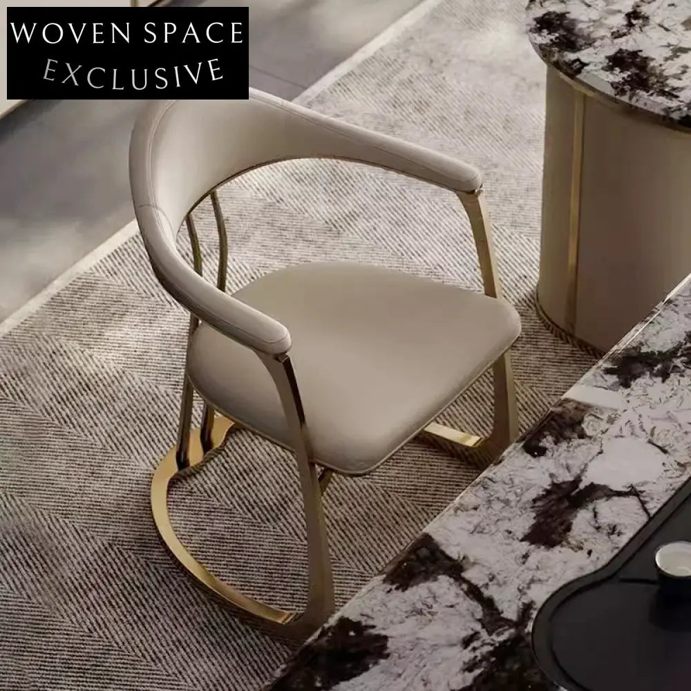 Elegant Modern Gold Stainless Steel White Faux Leather Armrest Dining Chair