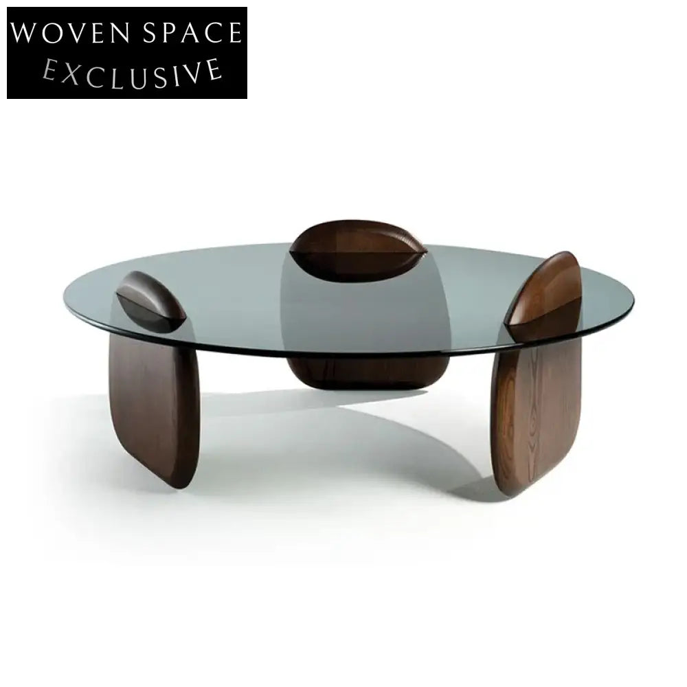 Elegant Modern Italian Round Tempered Glass Solid Walnut Wood Coffee Table