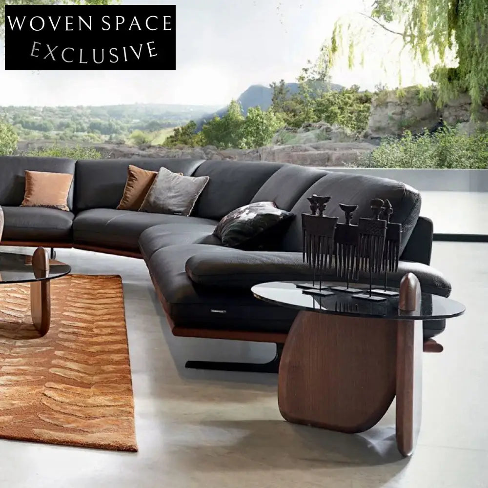 Elegant Modern Italian Round Tempered Glass Solid Walnut Wood Coffee Table