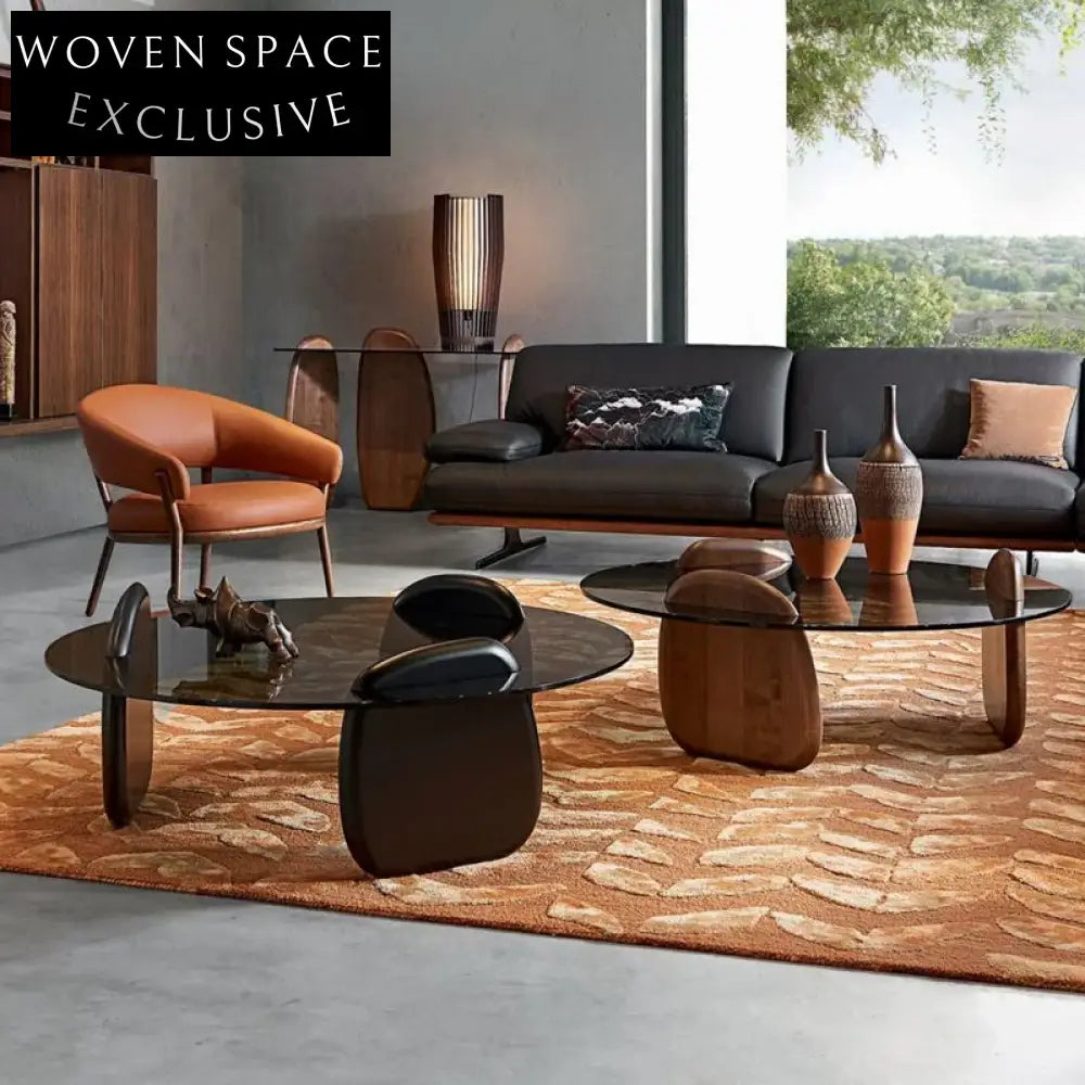 Elegant Modern Italian Round Tempered Glass Solid Walnut Wood Coffee Table