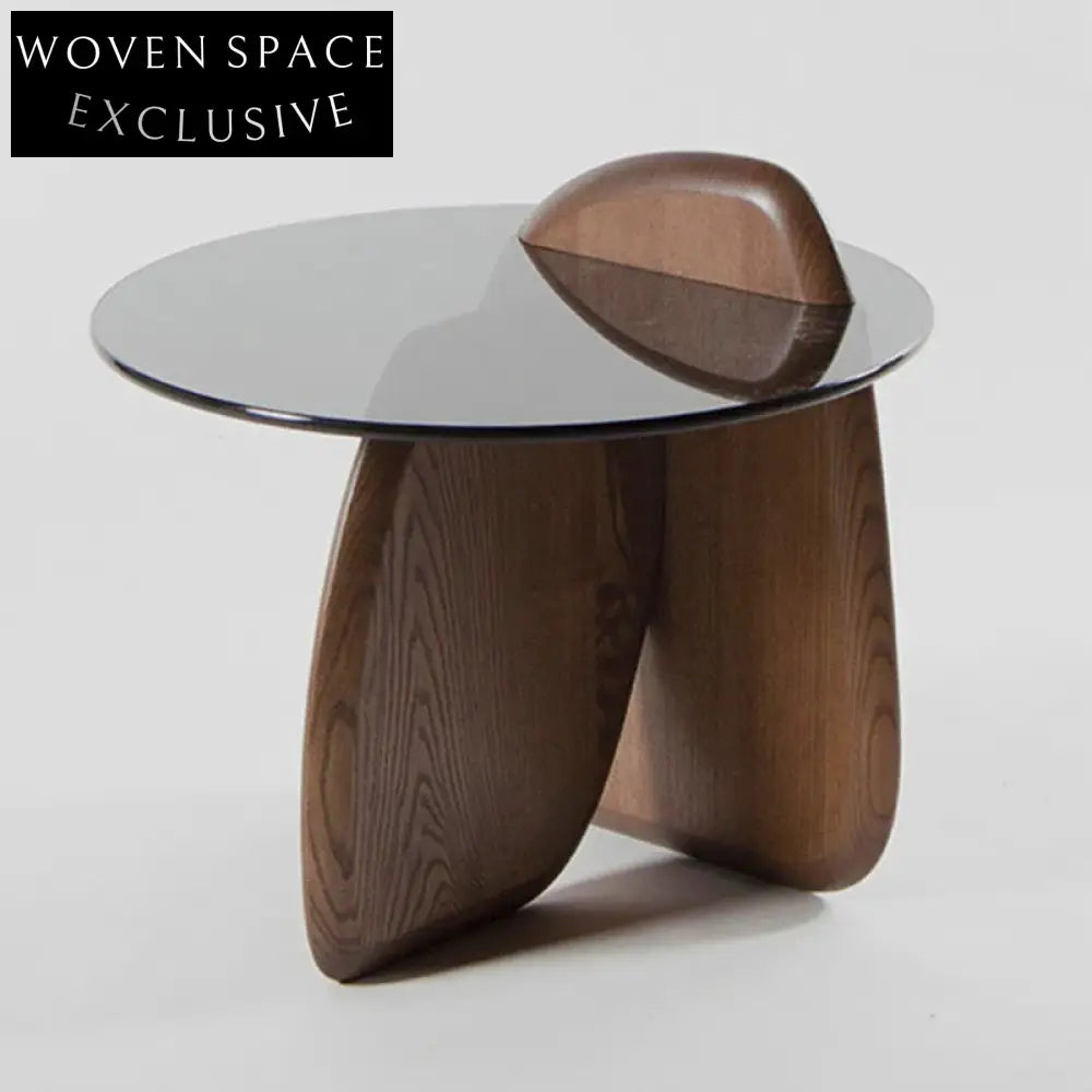 Elegant Modern Italian Round Tempered Glass Solid Walnut Wood Coffee Table