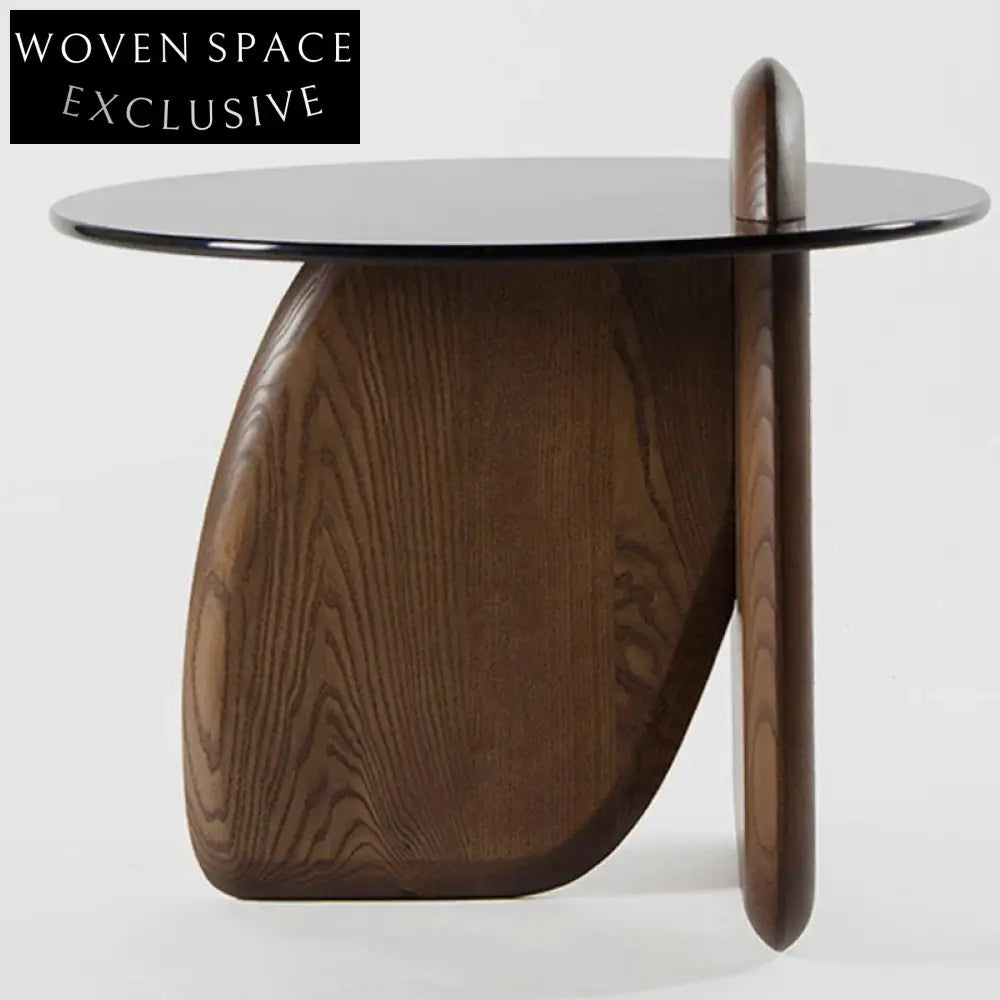 Elegant Modern Italian Round Tempered Glass Solid Walnut Wood Coffee Table