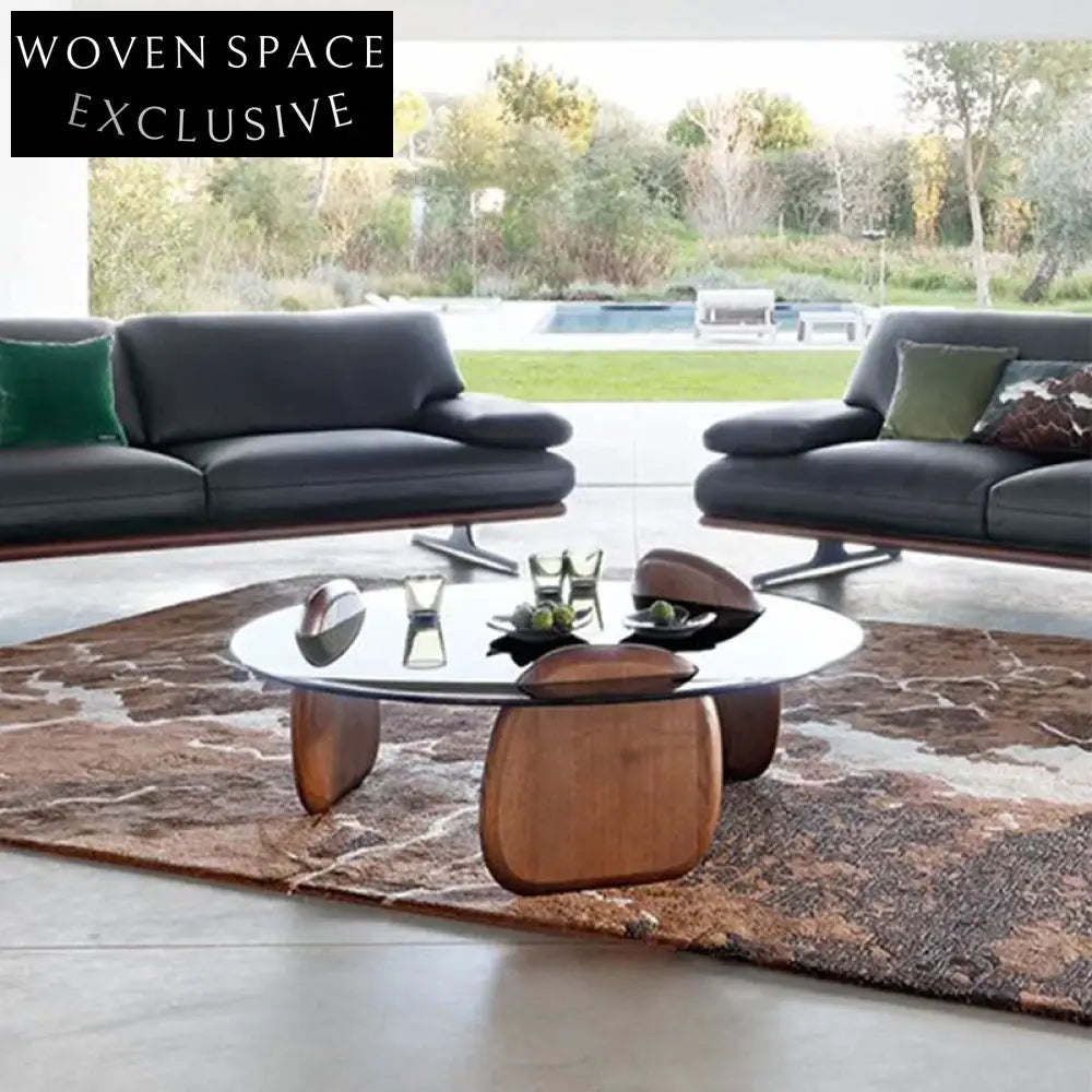 Elegant Modern Italian Round Tempered Glass Solid Walnut Wood Coffee Table
