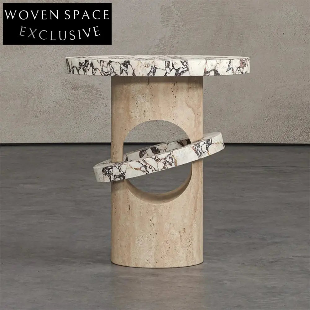 Elegant Modern Italian Travertine Stone Round Corner End Table for Living Room