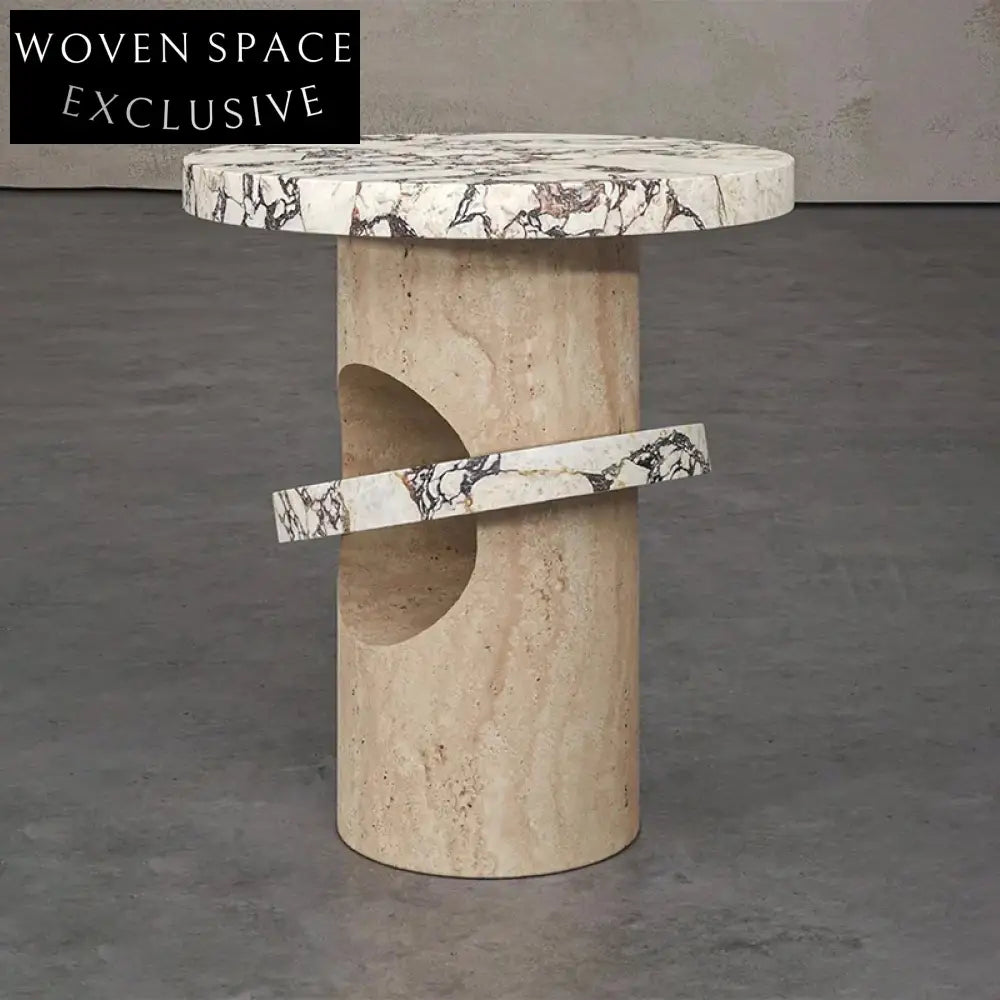 Elegant Modern Italian Travertine Stone Round Corner End Table for Living Room