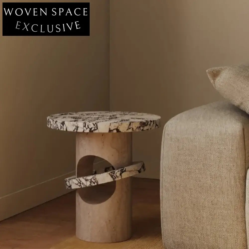 Elegant Modern Italian Travertine Stone Round Corner End Table for Living Room