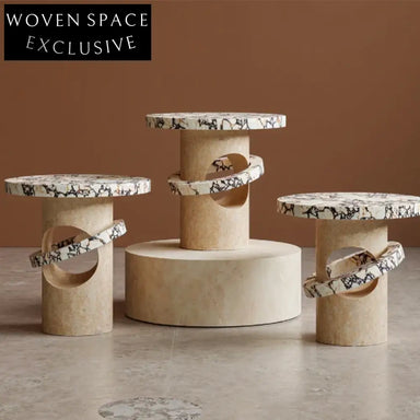 Elegant Modern Italian Travertine Stone Round Corner End Table for Living Room