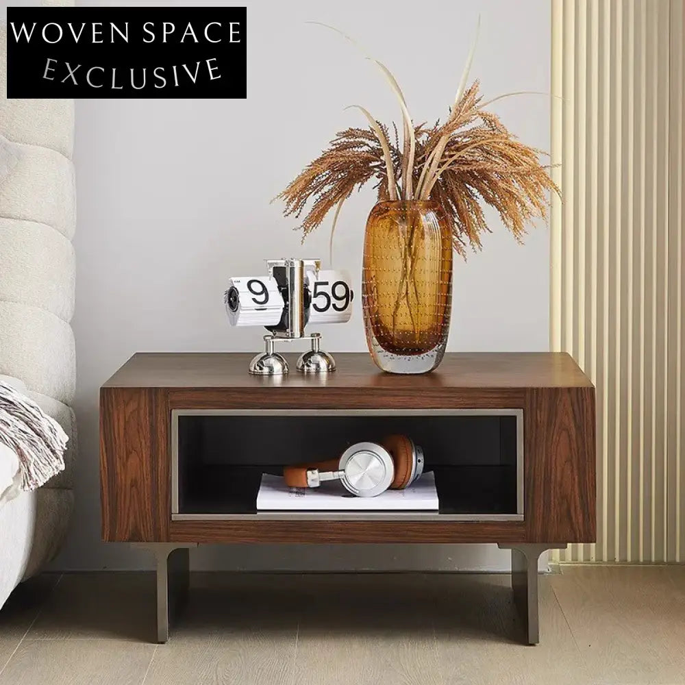 Elegant Modern Luxury Wood Veneer Nightstand with Stainless Steel Base