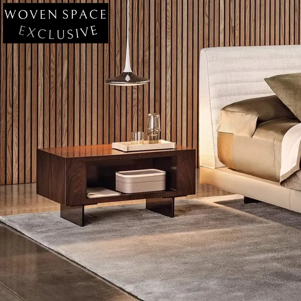 Elegant Modern Luxury Wood Veneer Nightstand with Stainless Steel Base