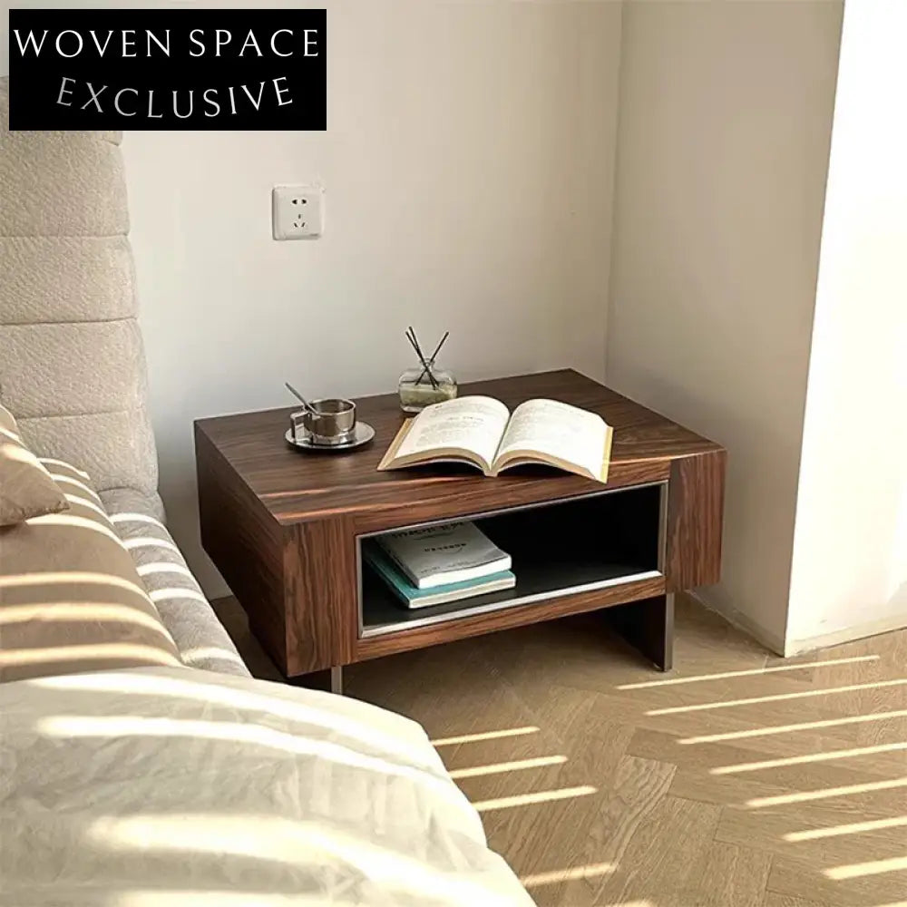 Elegant Modern Luxury Wood Veneer Nightstand with Stainless Steel Base