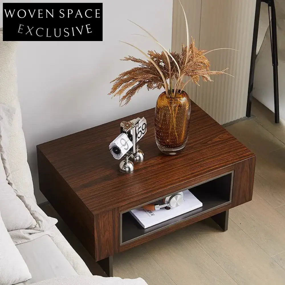 Elegant Modern Luxury Wood Veneer Nightstand with Stainless Steel Base