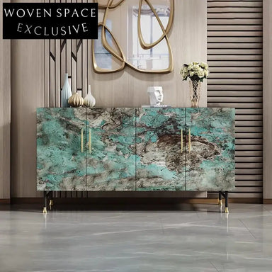 Elegant Modern Marble Top Sideboard Console Cabinet with Steel Frame, Copper Handles